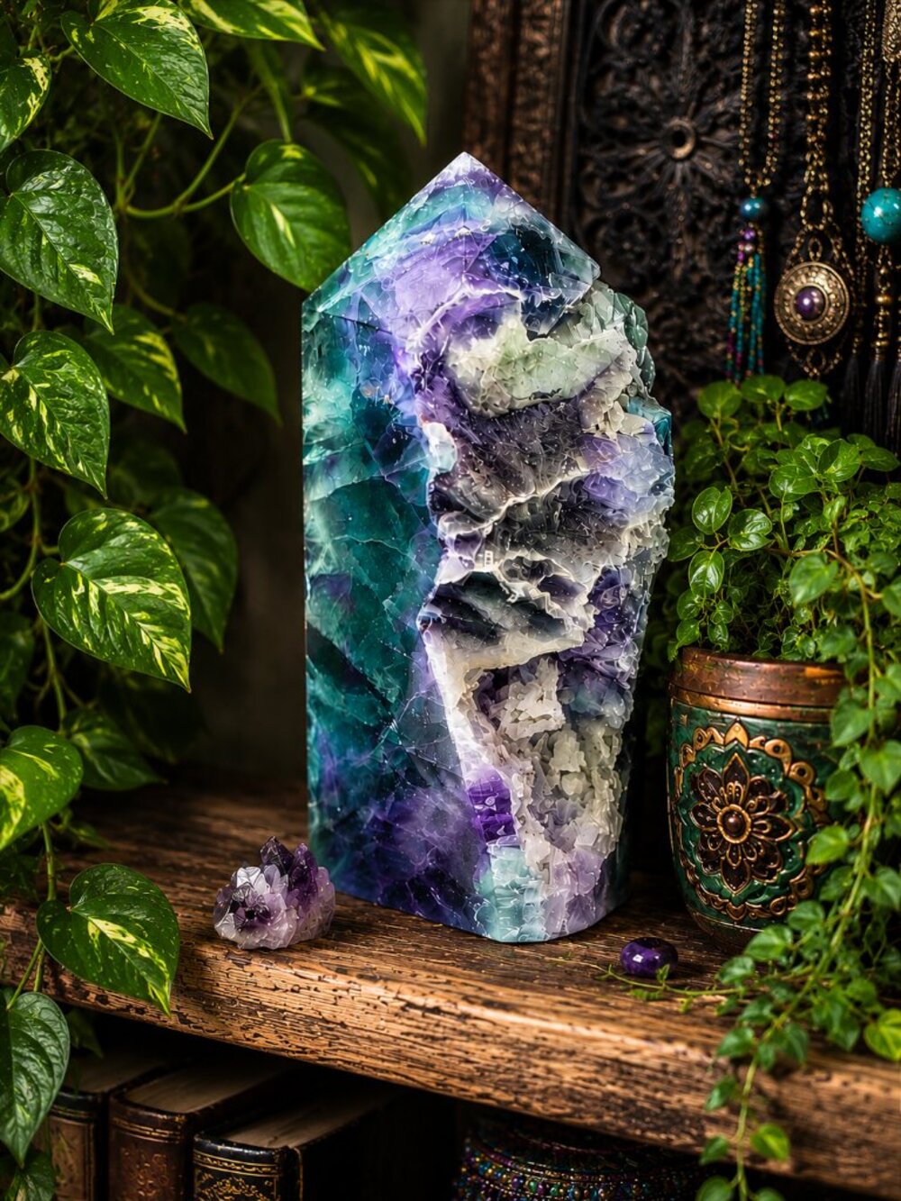 Polished Fluorite Point with Natural Matrix - Purple & Green Rock